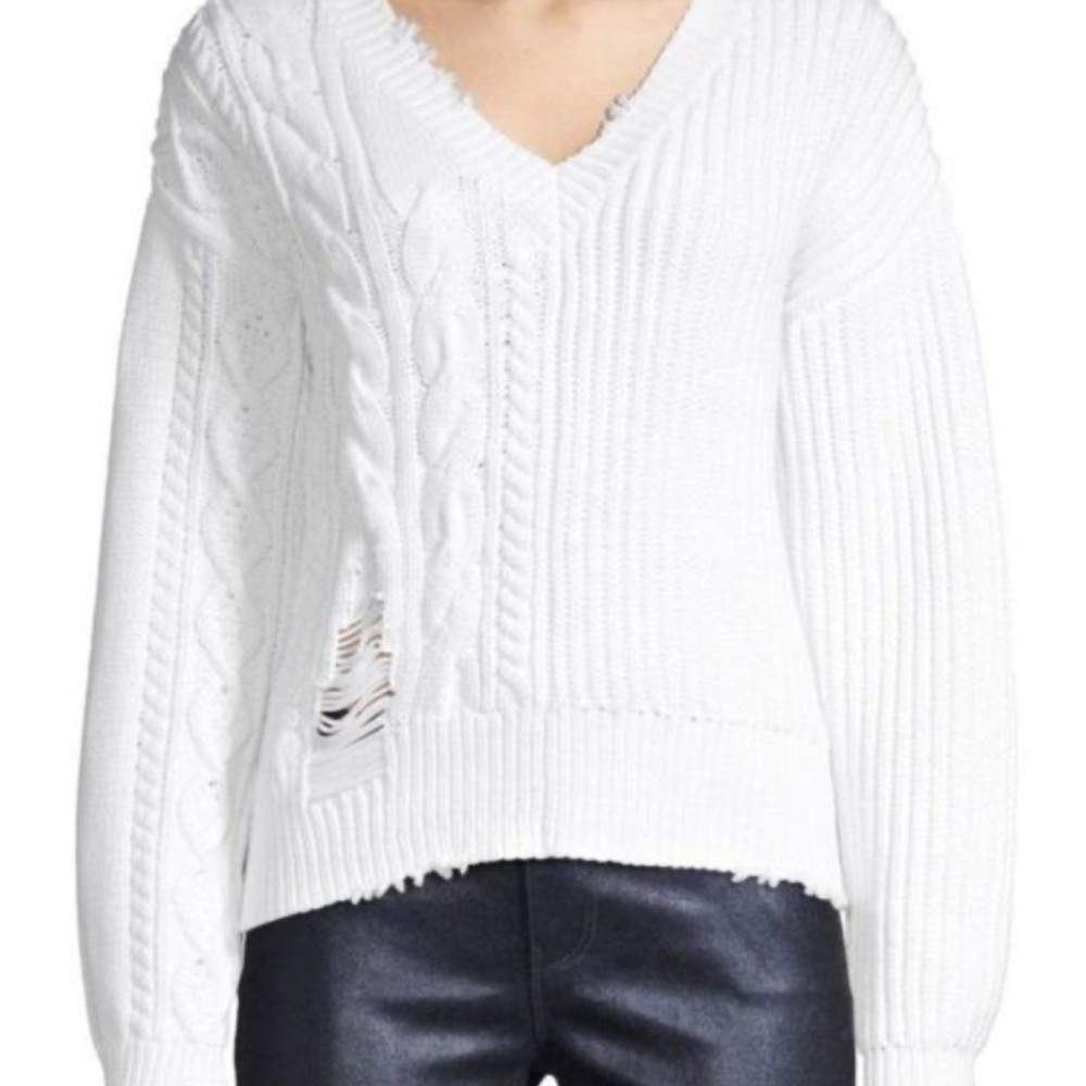 RTA Road to Awe Cable-Knit Dropped Shoulder Distressed V Neck Sweater